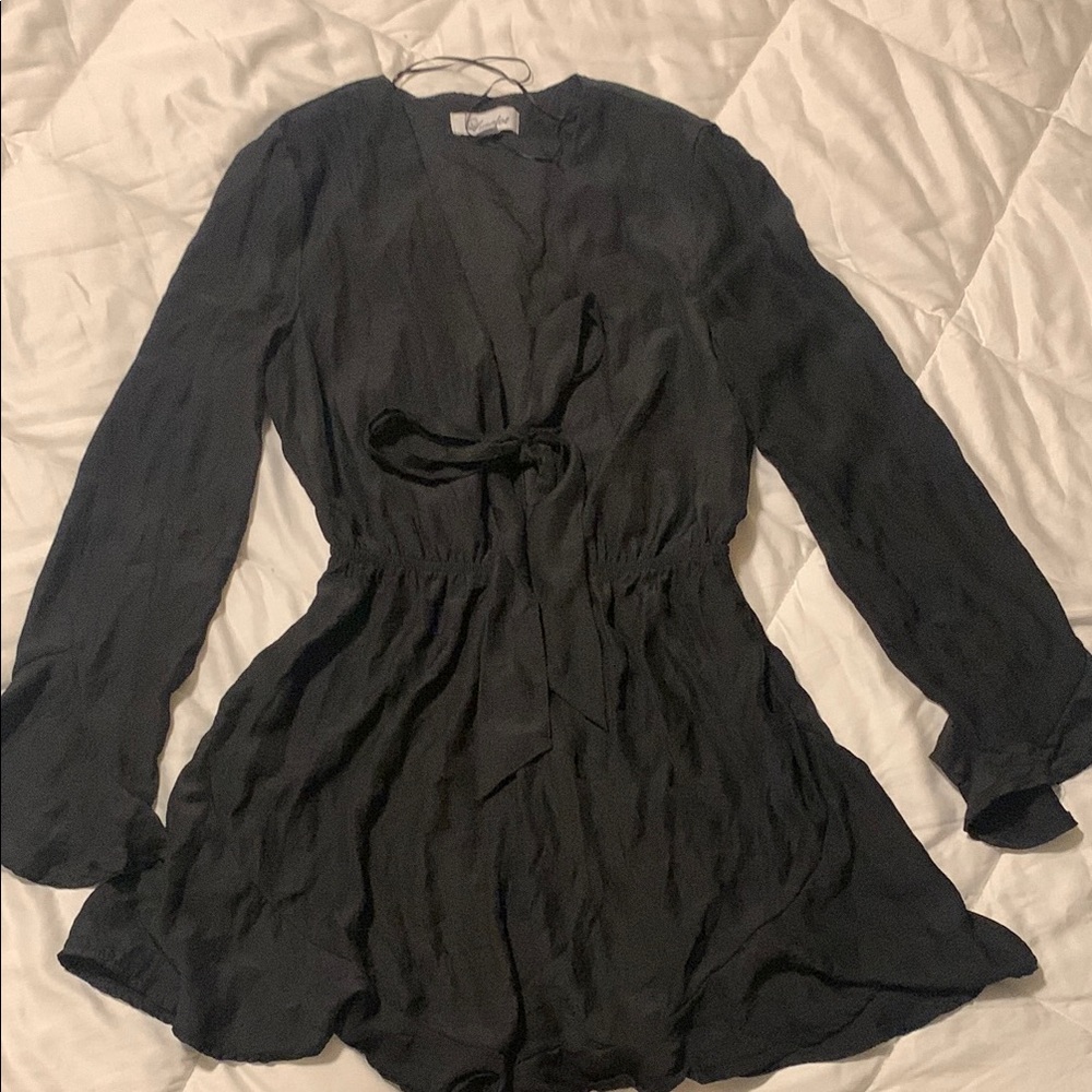 Black Plunge Neck Bishop Sleeve Romper